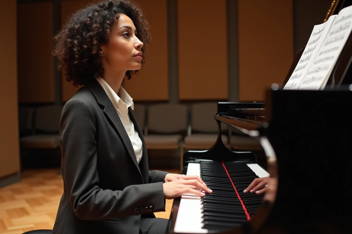 Femme chef d'orchestre assise au piano dans un studio de répétition musicale