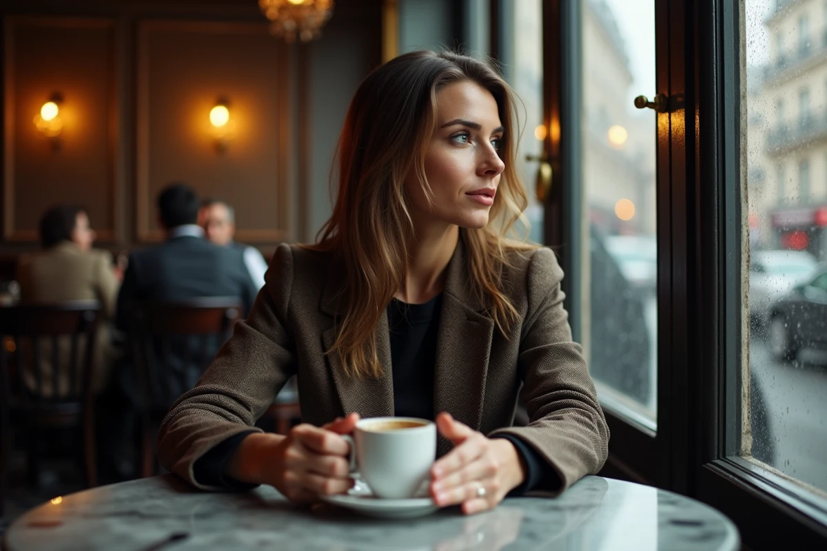 Femme seule assise dans un café parisien classique avec expression pensive, portrait intimiste et journalistique