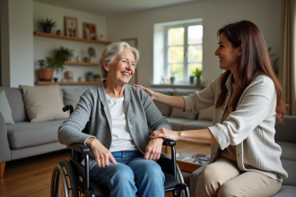 Femme âgée en fauteuil avec amie dans un salon chaleureux