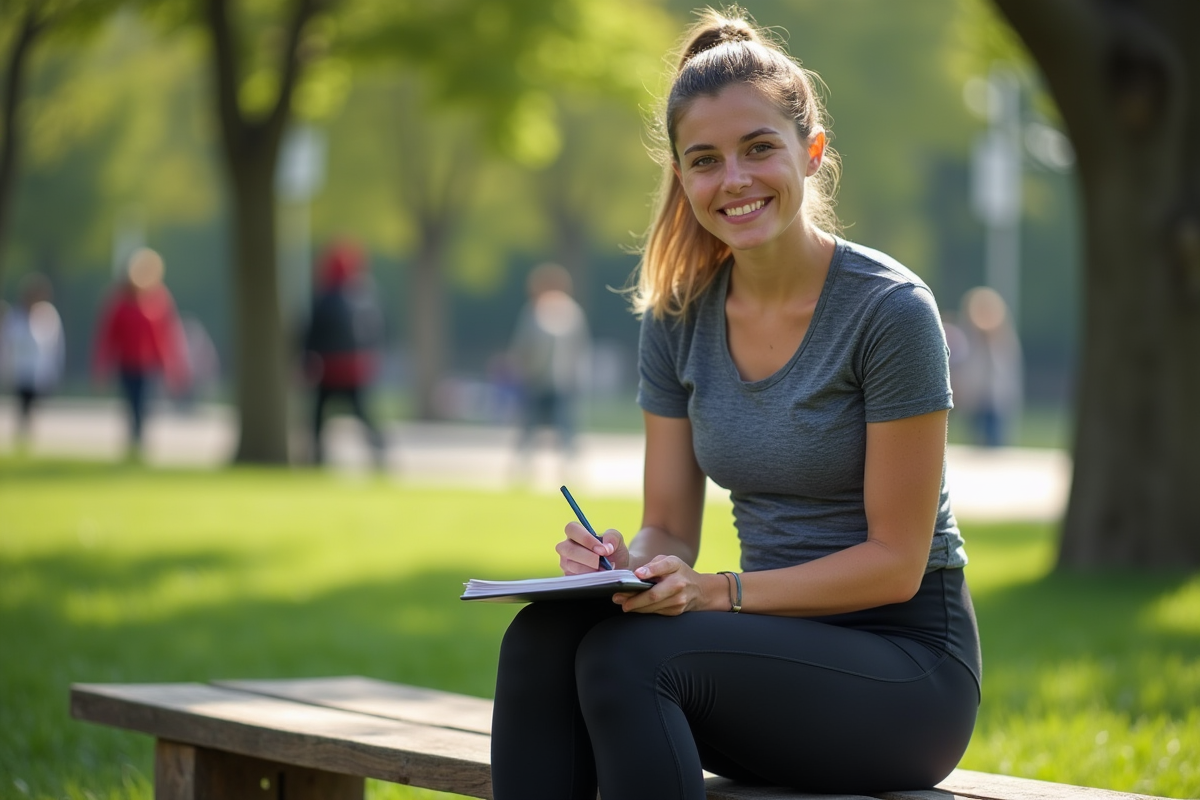 Jeune femme en sport dans un parc urbain note dans un journal