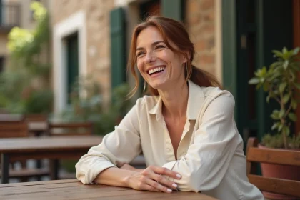 Femme souriante attablée en terrasse de café, évoquant la vie quotidienne loin des projecteurs
