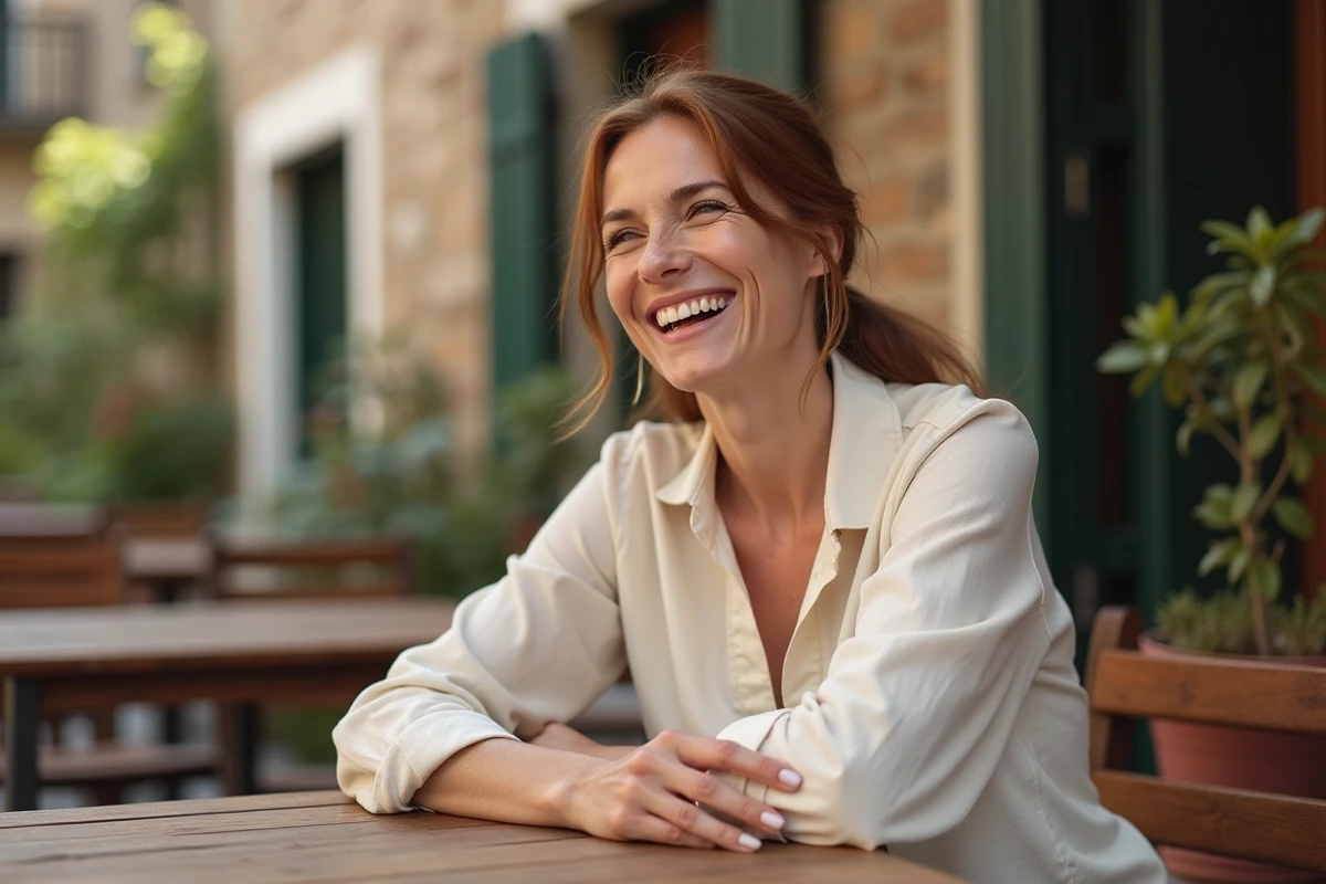 Femme souriante attablée en terrasse de café, évoquant la vie quotidienne loin des projecteurs