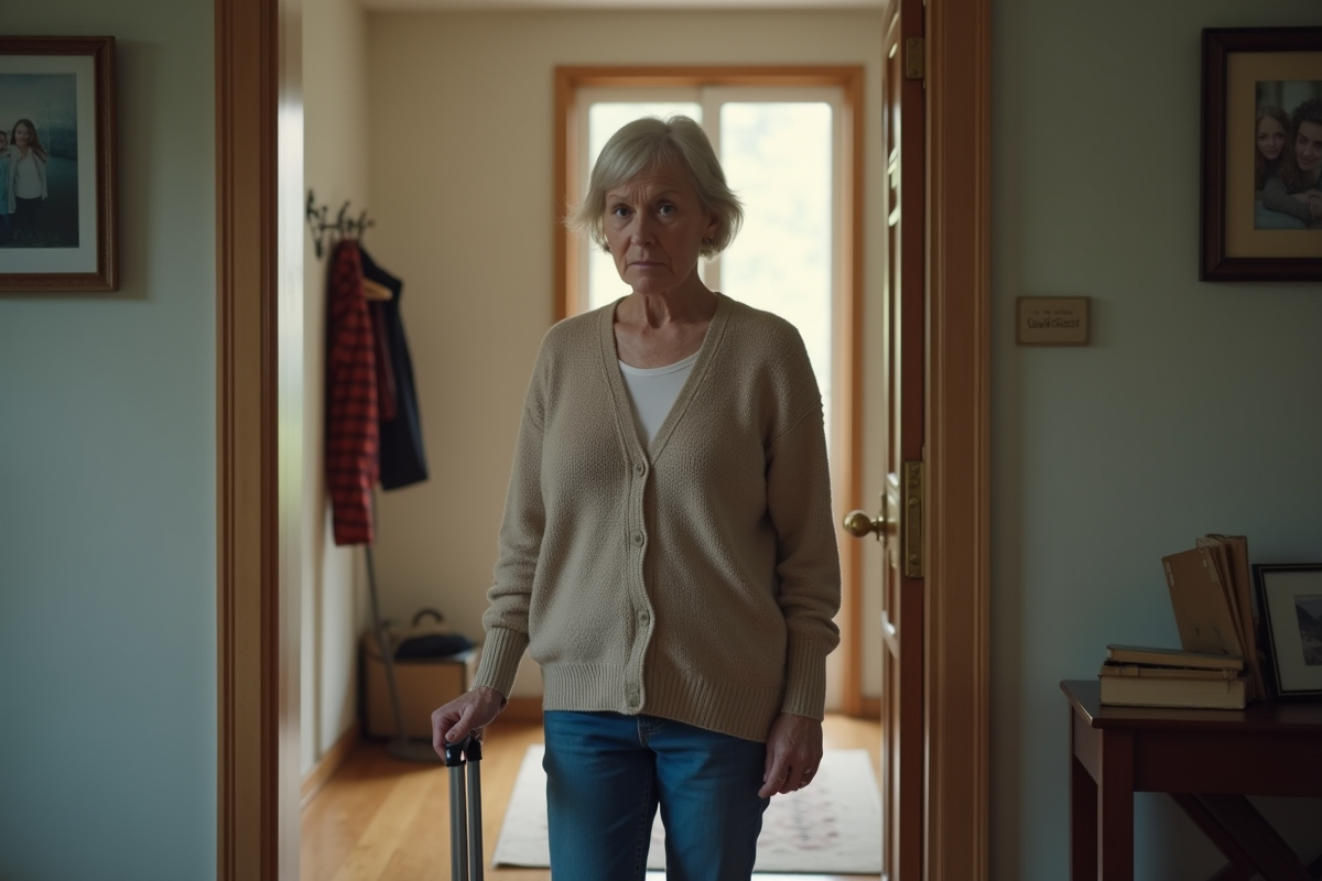 Femme d'âge moyen avec valise devant une porte d'appartement