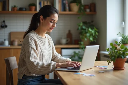 Femme d'âge moyen résolvant un puzzle en ligne dans sa cuisine