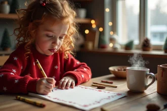 Petite fille aux cheveux bouclés écrivant une lettre au Père Noël imprimée sur une table en bois rustique avec des crayons et un chocolat chaud