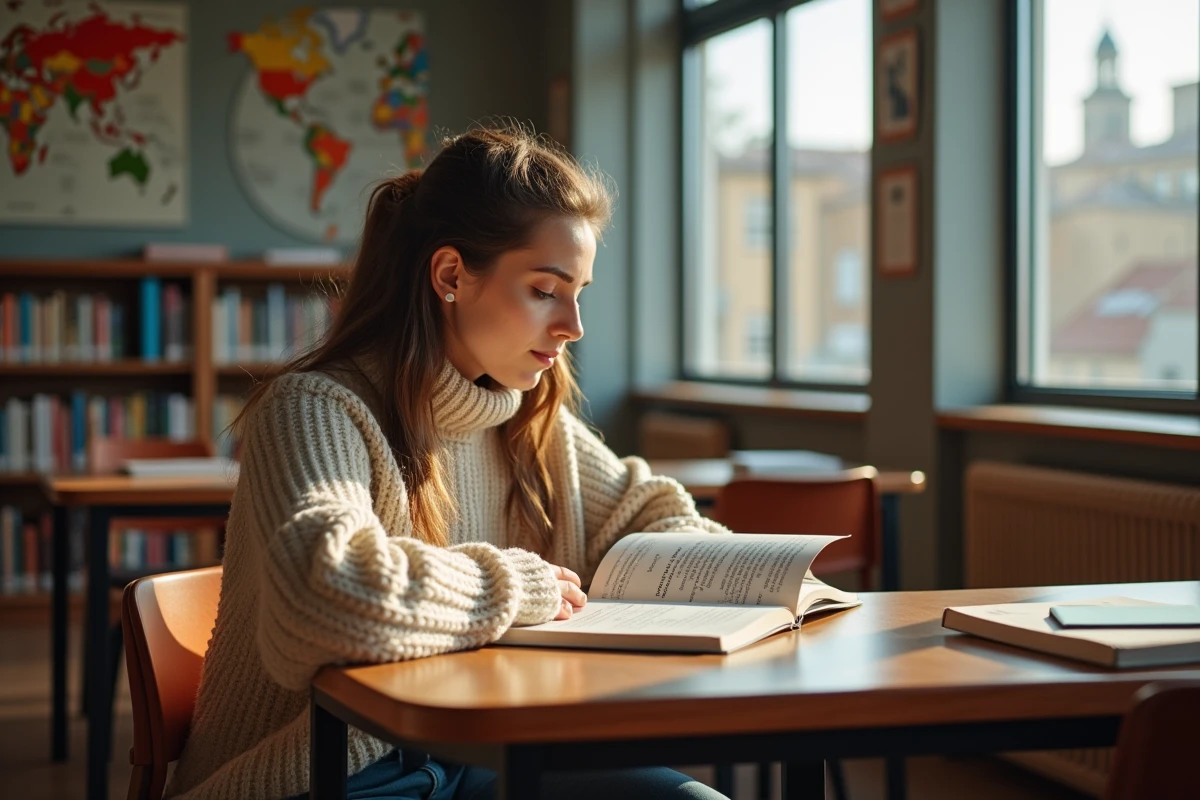 Jeune femme lisant un livre dans une bibliothèque lumineuse