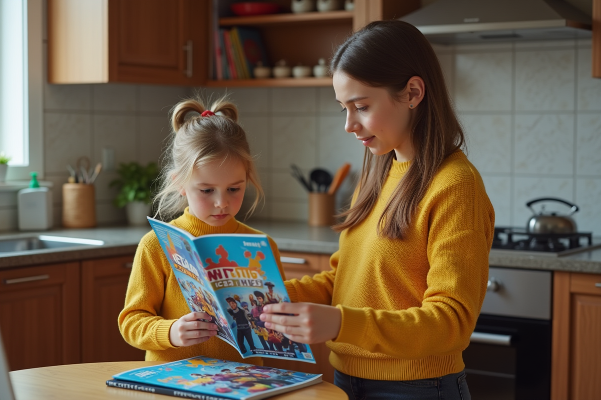 Fille de 10 ans en pull jaune discute avec sa mère autour d