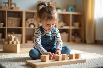Jeune fille concentrée avec blocs Montessori en classe