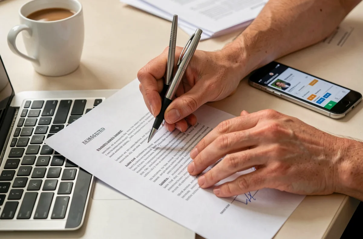 Gros plan de mains remplissant un formulaire de divorce en ligne avec un stylo près d'un ordinateur portable