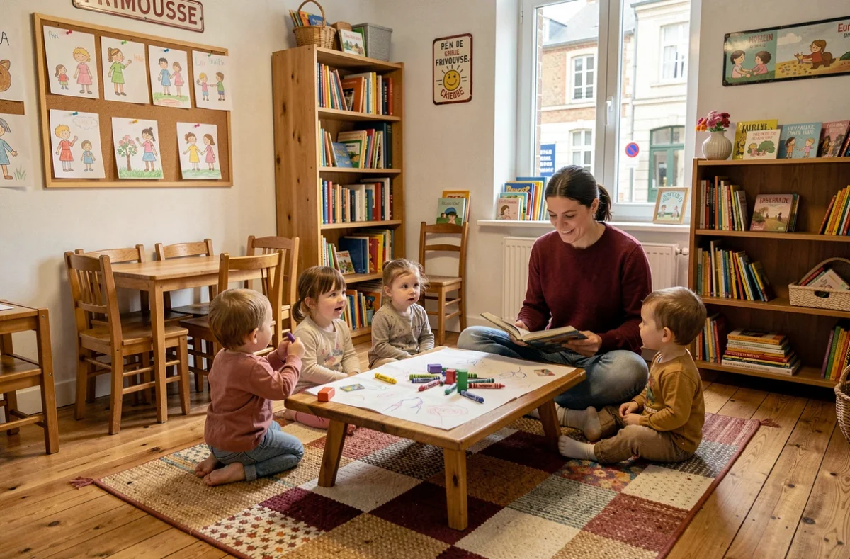 Parent bénévole lisant une histoire à un groupe de tout-petits dans la crèche parentale Frimousse à Caen