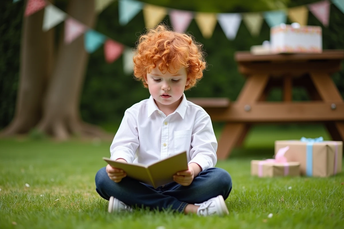 Jeune garçon de 8 ans lisant une carte d'anniversaire dans un jardin décoré de guirlandes et de cadeaux