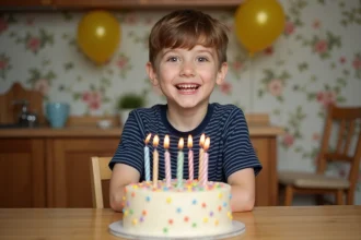 Garçon de 8 ans souriant derrière son gâteau d'anniversaire fait maison avec bougies et confettis dans une cuisine chaleureuse