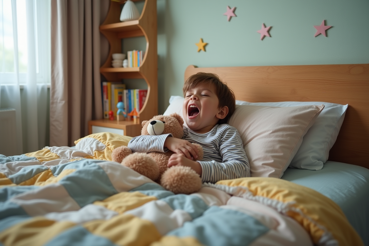 Garçon de 6 ans dans son lit avec doudou et pyjamas rayés