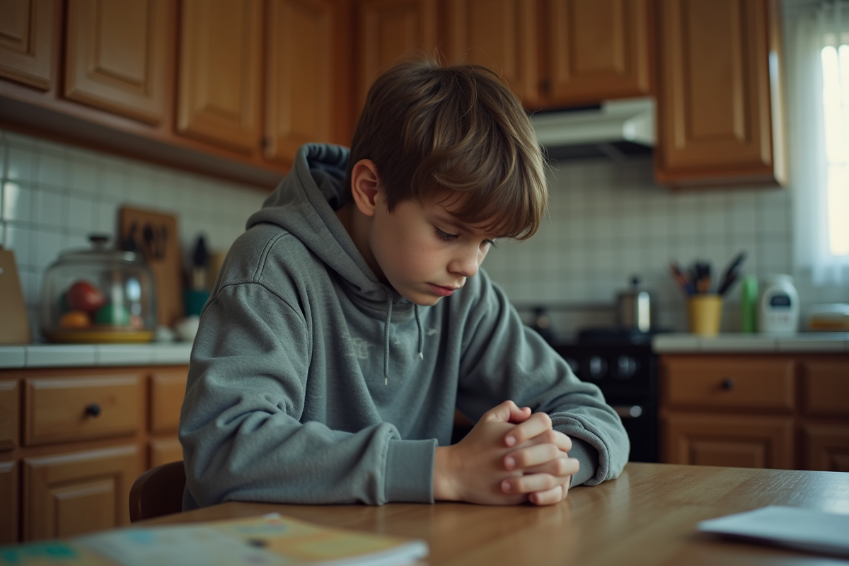 Jeune garçon en hoodie et jeans assis à la table de cuisine