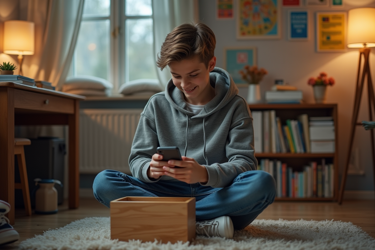 Adolescent de 15 ans avec smartphone dans une box en chambre