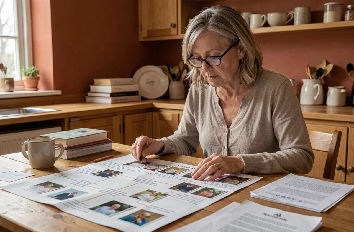Femme consultant un arbre généalogique familial pour comprendre l'hérédité des jumeaux dans sa famille