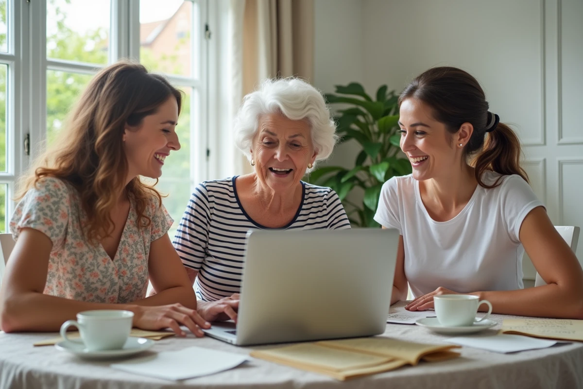 Trois générations de femmes autour d'un ordinateur portable explorant un arbre généalogique familial, recherche d'histoire familiale en famille
