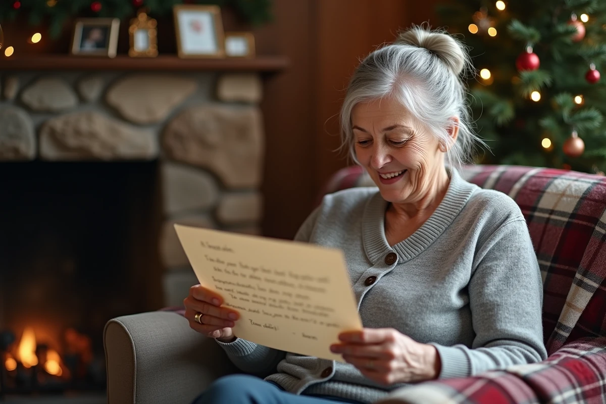 Grand-mère souriante tenant encadrée une lettre au Père Noël écrite par un enfant, assise dans un fauteuil près d'une cheminée décorée pour Noël