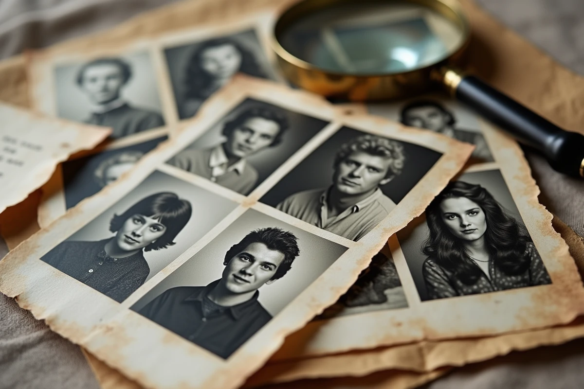 Gros plan sur des photographies de famille en noir et blanc et sépia des années 1960-1970 superposées sur lin, archives personnelles liées au mythe du fils secret de Mike Brant