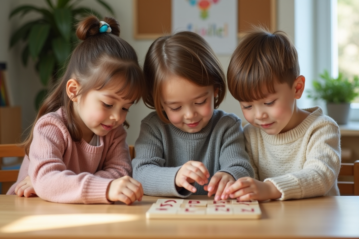 Trois enfants manipulant des lettres en sandpaper en classe