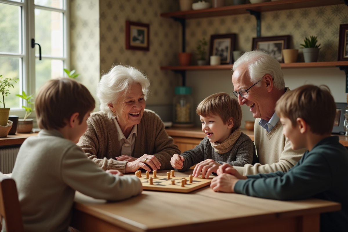 Famille âgée jouant à des jeux de société avec enfants dans une cuisine chaleureuse