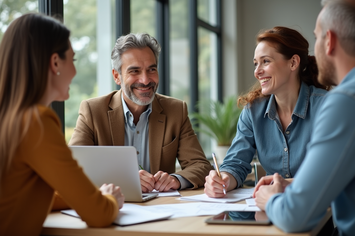 Groupe divers de collègues en réunion dans un bureau lumineux