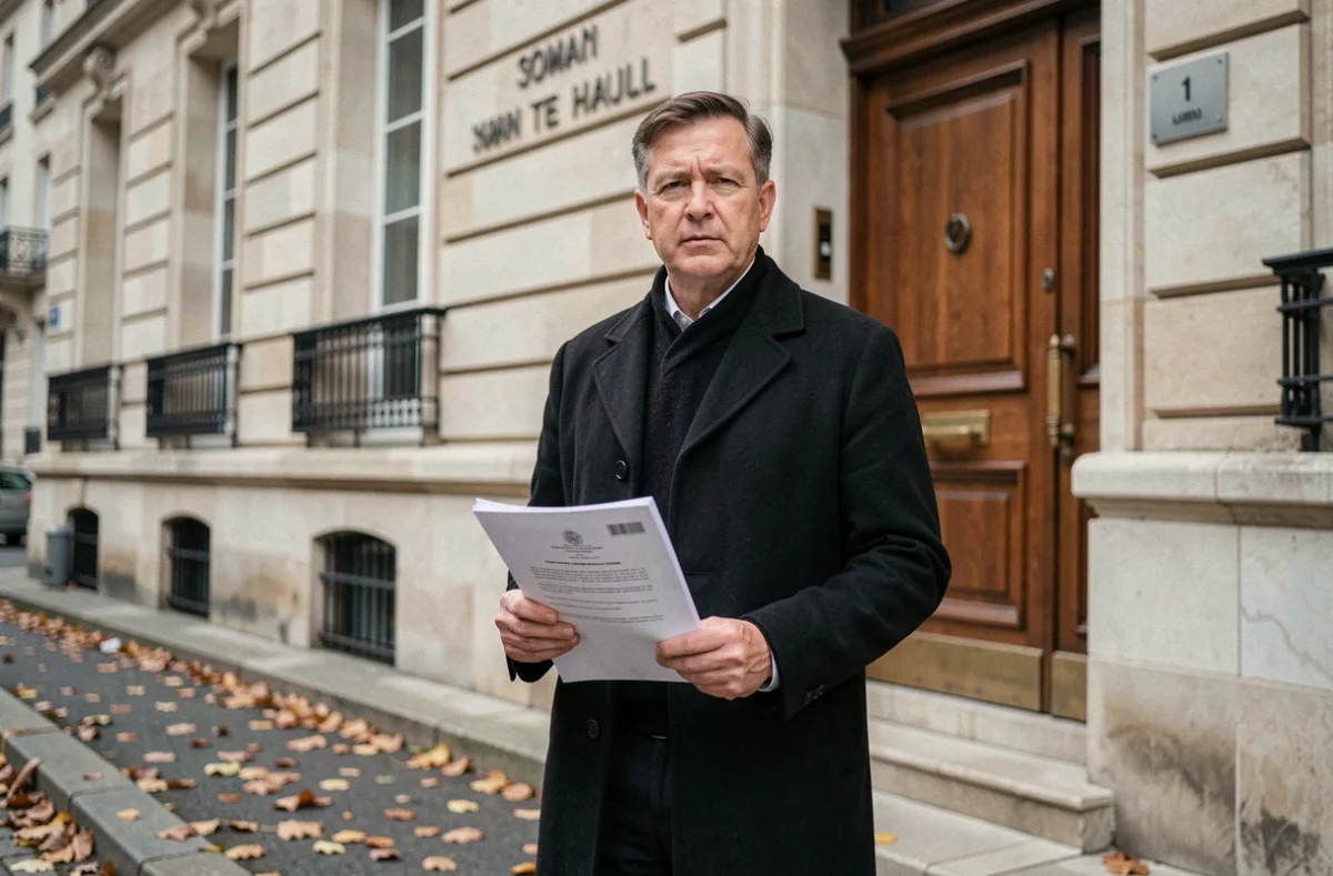 Homme tenant un acte de décès officiel devant une mairie française pour démarches administratives liées aux congés obsèques