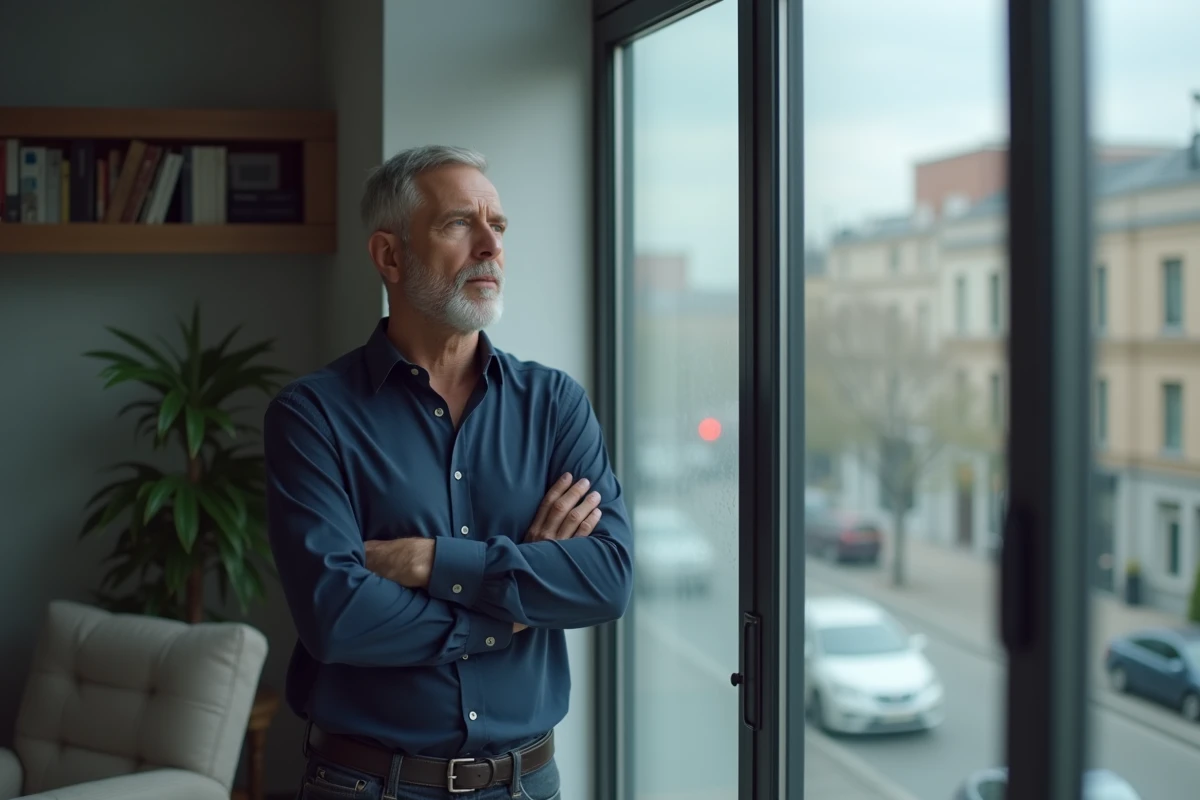 Homme adulte debout près d'une fenêtre les bras croisés, regard pensif vers l'extérieur, symbolisant le rejet ou la prise de distance vis-à-vis de ses parents
