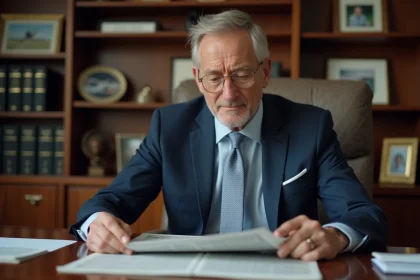 Homme d'affaires en costume lisant un journal dans un bureau