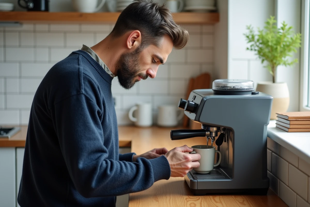 Homme préparant un café dans une cuisine moderne, symbole d'une vie quotidienne intime et authentique