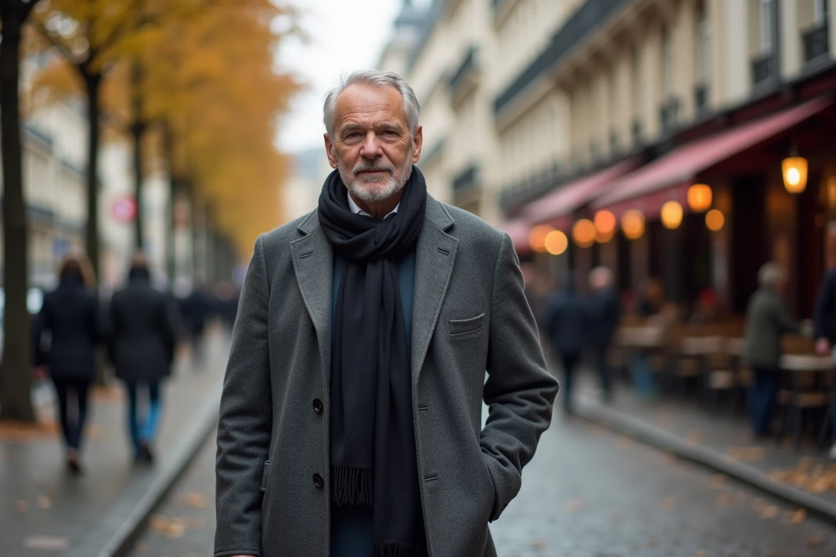 Homme en manteau gris marchant dans une rue pavée parisienne en automne, immeubles haussmanniens en arrière-plan, style photo reportage discret