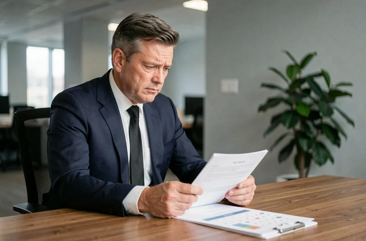 Homme en costume sombre consultant des documents RH sur un bureau pour comprendre ses droits à congé pour un enterrement