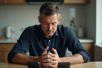 Homme stressé assis devant deux téléphones portables sur une table de cuisine, symbolisant une double vie et une relation illégitime
