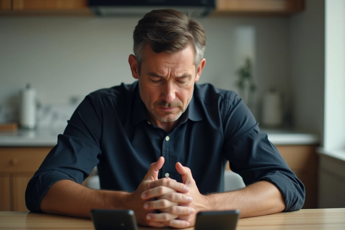 Homme stressé assis devant deux téléphones portables sur une table de cuisine, symbolisant une double vie et une relation illégitime