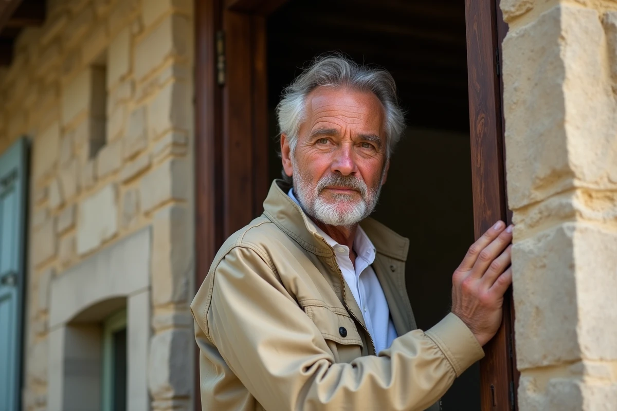 Homme discret à l'entrée d'une maison de campagne française préservant son intimité