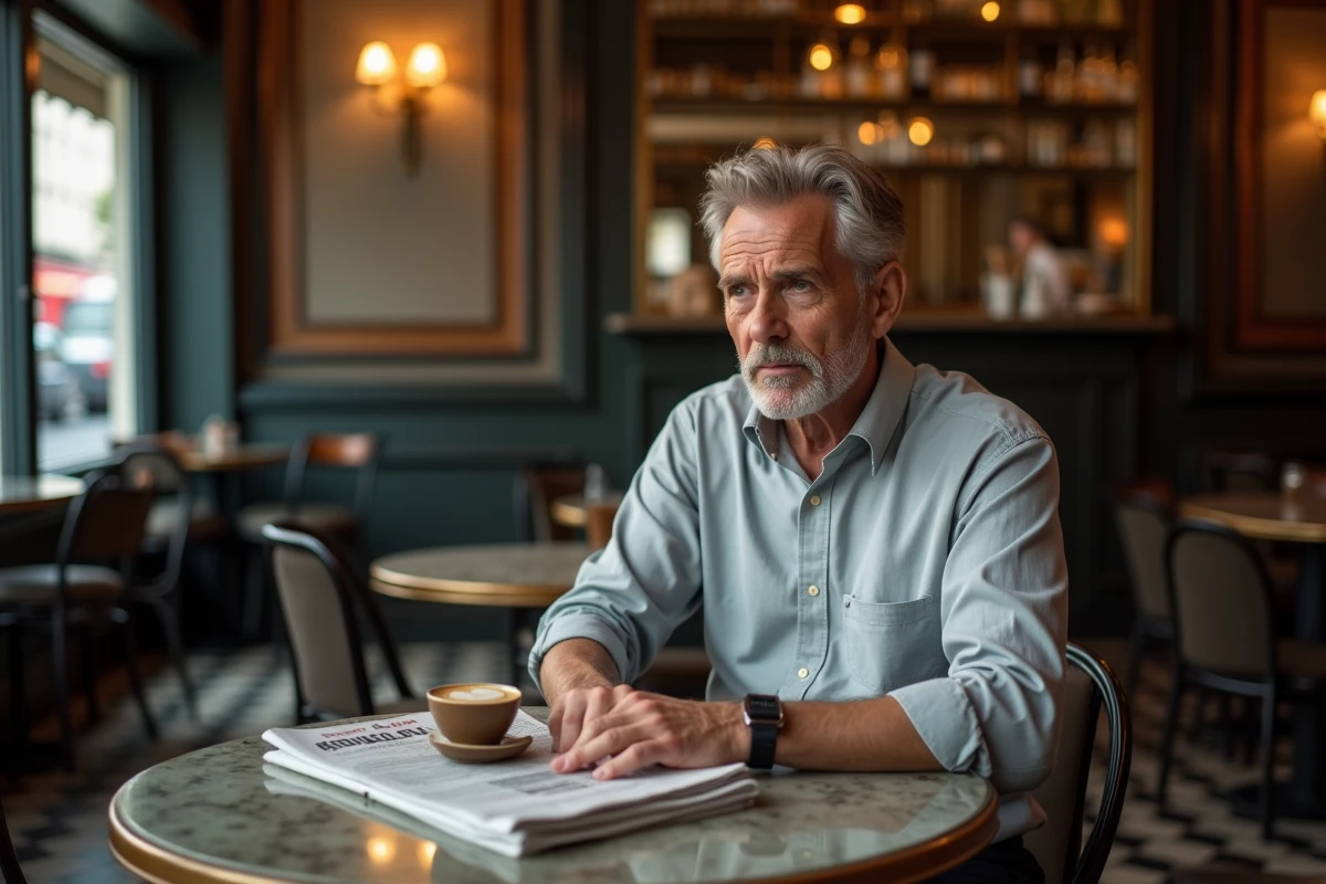 Homme pensif attablé dans une brasserie parisienne traditionnelle avec un expresso et un journal, atmosphère feutrée et authentique de café parisien