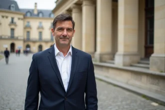 Portrait éditorial d'un homme politique français en blazer bleu marine devant une architecture parlementaire parisienne
