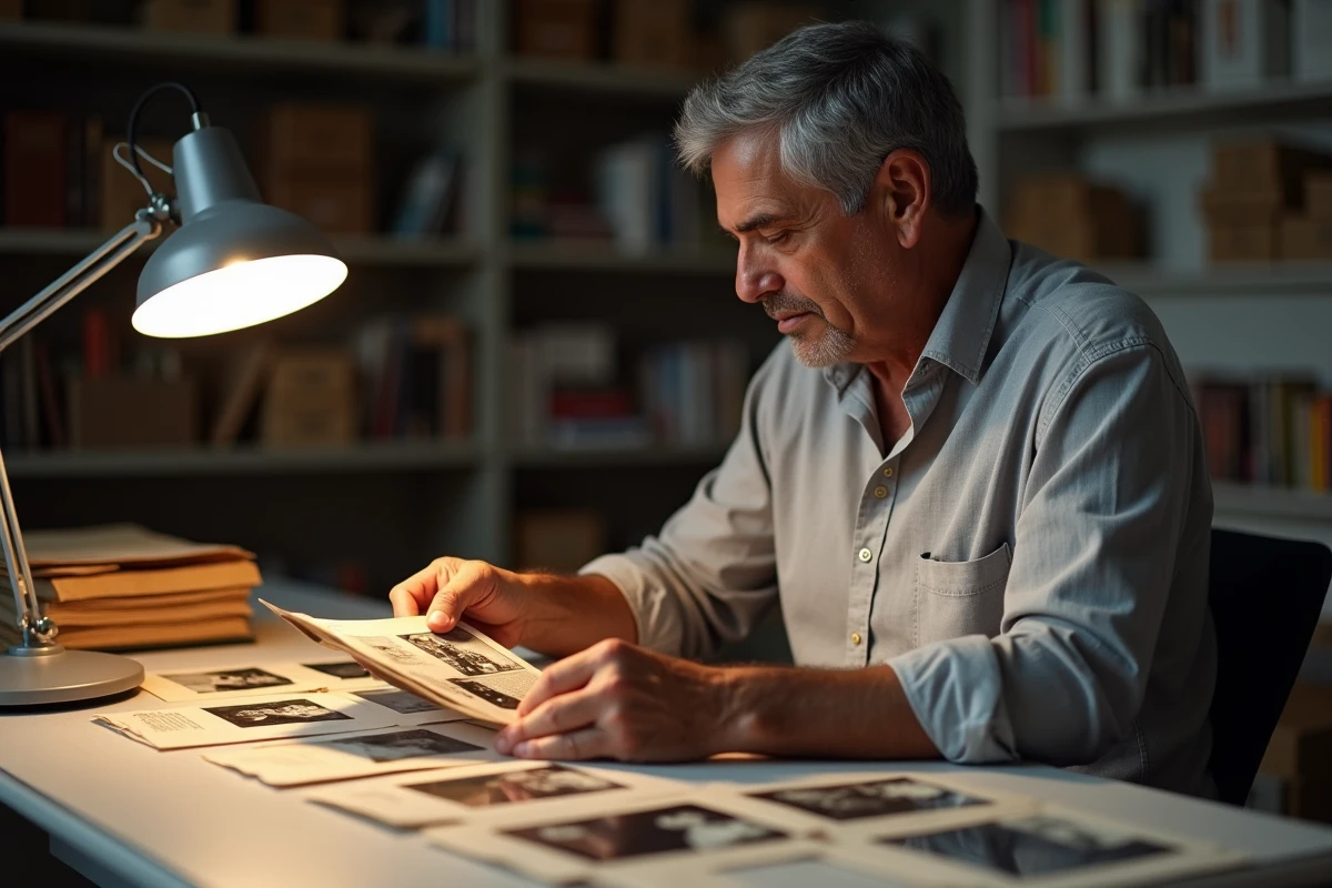 Homme étudiant des photographies de famille anciennes sur un bureau, recherche généalogique autour d'un chanteur populaire et d'un prétendu fils secret
