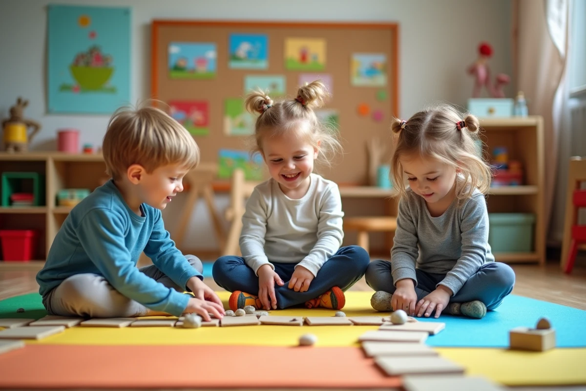 Enfants de maternelle jouant à un jeu de plateau inspiré du Petit Poucet avec des cailloux et des pièces en carton sur un tapis coloré