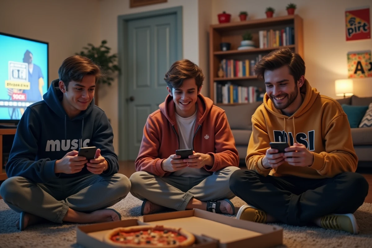 Trois jeunes hommes jouant à un quiz musical sur smartphone lors d'une fête d'anniversaire 18 ans en intérieur