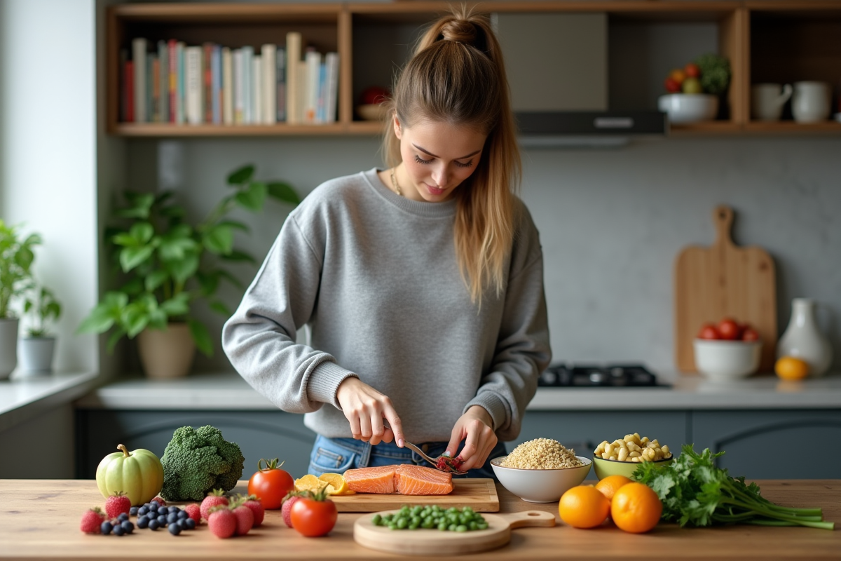 Jeune femme arrangeant des aliments sains dans la cuisine