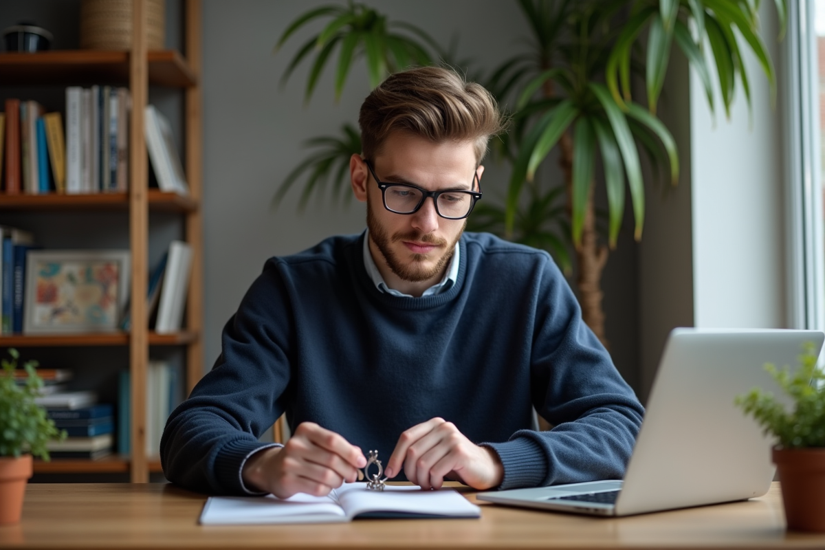Jeune homme lisant à son bureau avec clés et livres