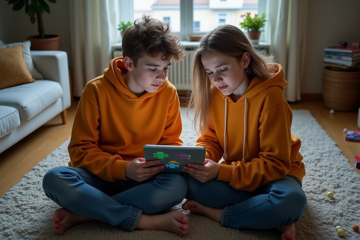 Deux adolescents jouant à un puzzle numérique sur un tapis