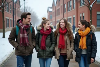 Groupe d'adolescents québécois souriants en hiver devant l'école
