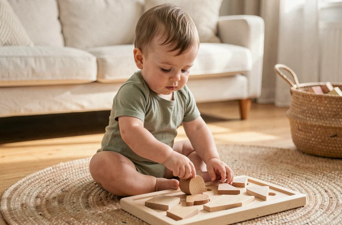 Bébé de 14 mois en train de jouer avec un jouet Montessori en bois sur un tapis en laine naturelle dans un salon Scandinave
