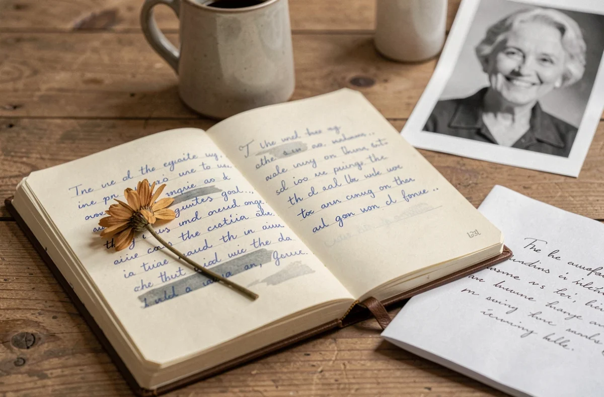Journal intime ouvert avec une lettre manuscrite et une photo de maman en noir et blanc, écriture d'un poème de deuil