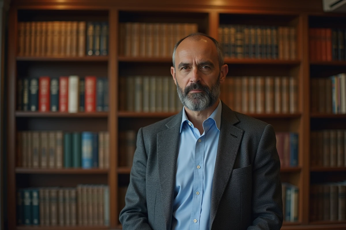 Homme journaliste aux origines moyen-orientales dans un bureau éditorial entouré de livres d'histoire et de journalisme