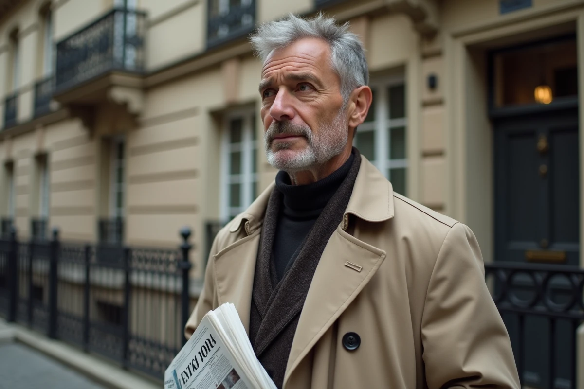 Homme journaliste devant un immeuble parisien haussmannien, évoquant la vie personnelle et le couple de Marc de Chalvron