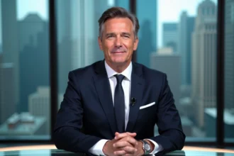Journaliste de télévision élégant assis au bureau d'un plateau TV moderne, évoquant le style des grandes interviews télévisées