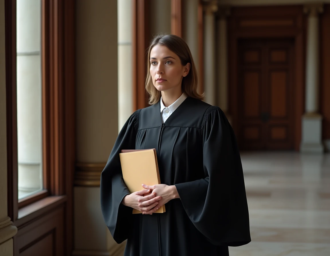 Juge dans un couloir de palais de justice tenant un dossier relatif à la protection de l'enfant